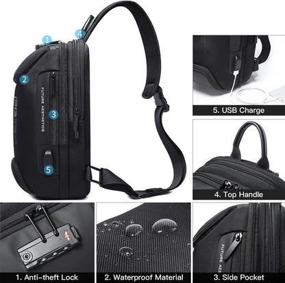 USB Charging Sling Bag, Waterproof Crossbody Backpack, Portable Shoulder Bag Daypack for Men Women Travel Hiking Work