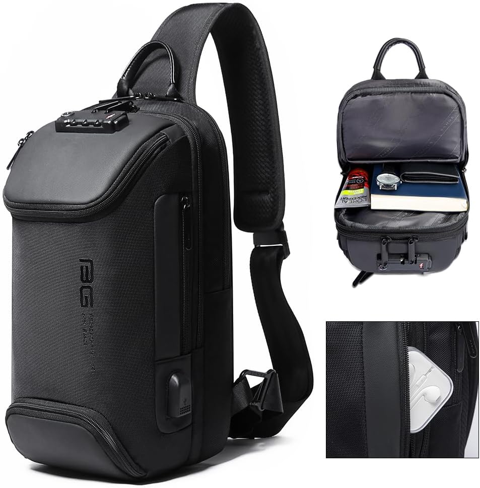 USB Charging Sling Bag, Waterproof Crossbody Backpack, Portable Shoulder Bag Daypack for Men Women Travel Hiking Work