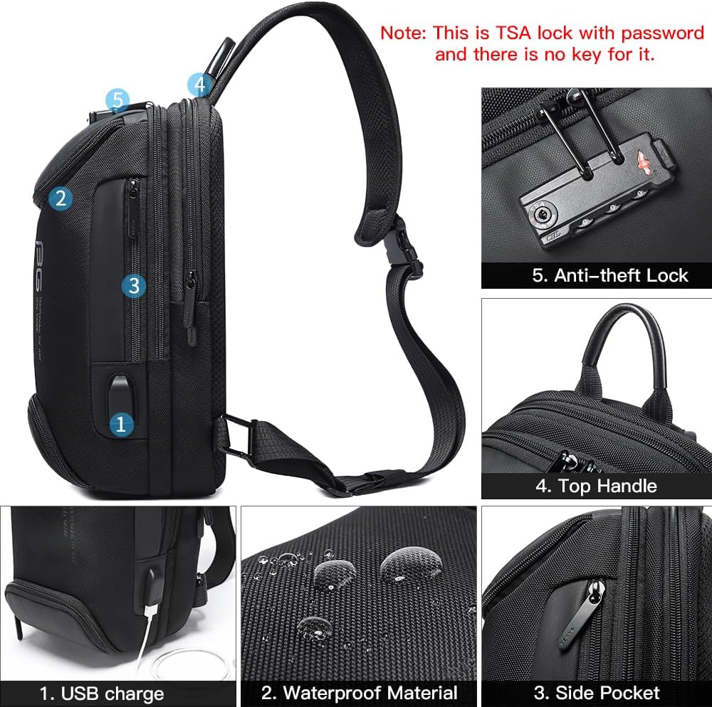 USB Charging Sling Bag, Waterproof Crossbody Backpack, Portable Shoulder Bag Daypack for Men Women Travel Hiking Work