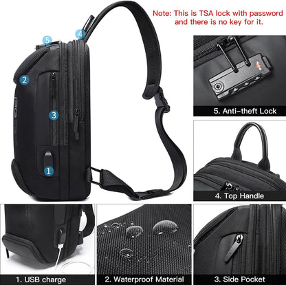 USB Charging Sling Bag, Waterproof Crossbody Backpack, Portable Shoulder Bag Daypack for Men Women Travel Hiking Work
