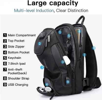 USB Charging Sling Bag, Waterproof Crossbody Backpack, Portable Shoulder Bag Daypack for Men Women Travel Hiking Work