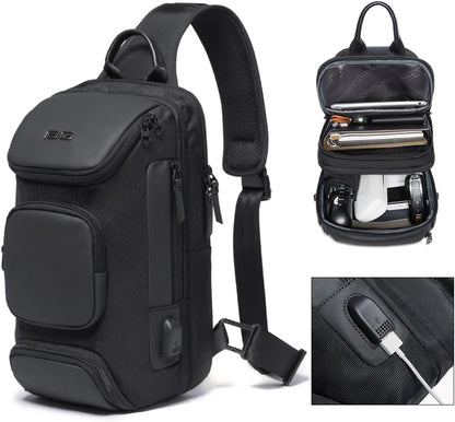 USB Charging Sling Bag, Waterproof Crossbody Backpack, Portable Shoulder Bag Daypack for Men Women Travel Hiking Work