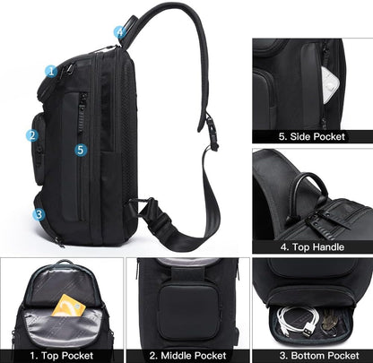 USB Charging Sling Bag, Waterproof Crossbody Backpack, Portable Shoulder Bag Daypack for Men Women Travel Hiking Work