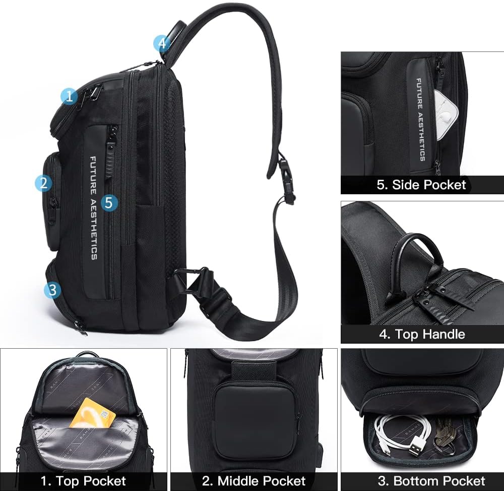 USB Charging Sling Bag, Waterproof Crossbody Backpack, Portable Shoulder Bag Daypack for Men Women Travel Hiking Work