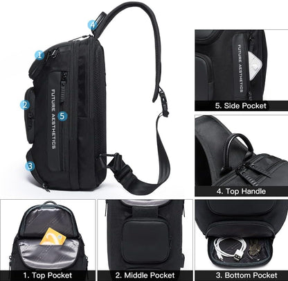 USB Charging Sling Bag, Waterproof Crossbody Backpack, Portable Shoulder Bag Daypack for Men Women Travel Hiking Work