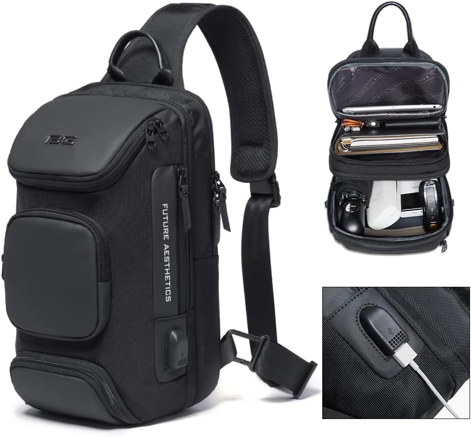 USB Charging Sling Bag, Waterproof Crossbody Backpack, Portable Shoulder Bag Daypack for Men Women Travel Hiking Work
