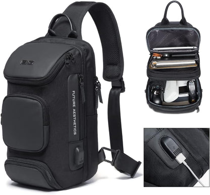 USB Charging Sling Bag, Waterproof Crossbody Backpack, Portable Shoulder Bag Daypack for Men Women Travel Hiking Work