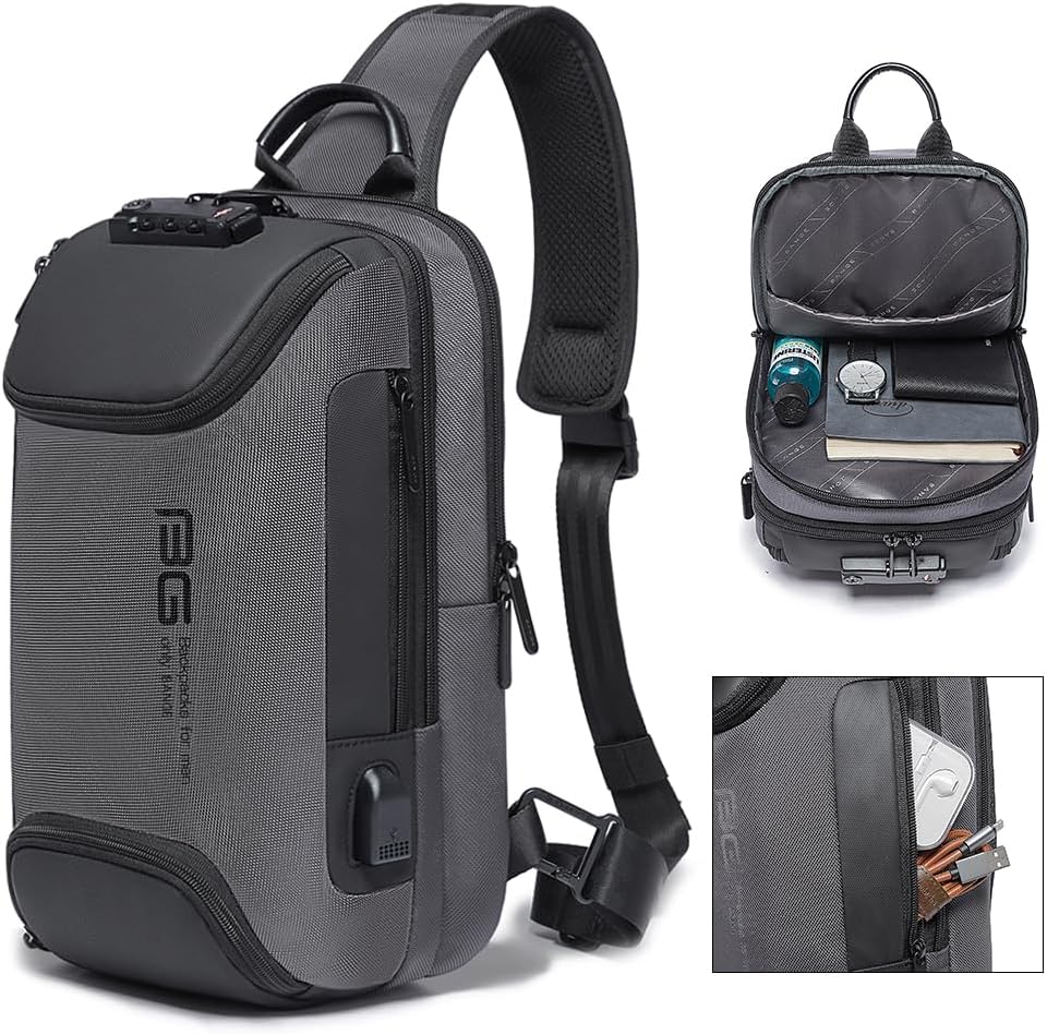 USB Charging Sling Bag, Waterproof Crossbody Backpack, Portable Shoulder Bag Daypack for Men Women Travel Hiking Work