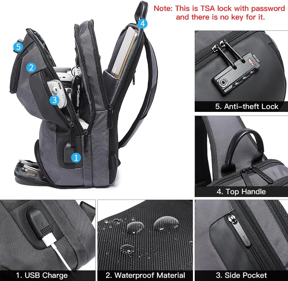 USB Charging Sling Bag, Waterproof Crossbody Backpack, Portable Shoulder Bag Daypack for Men Women Travel Hiking Work