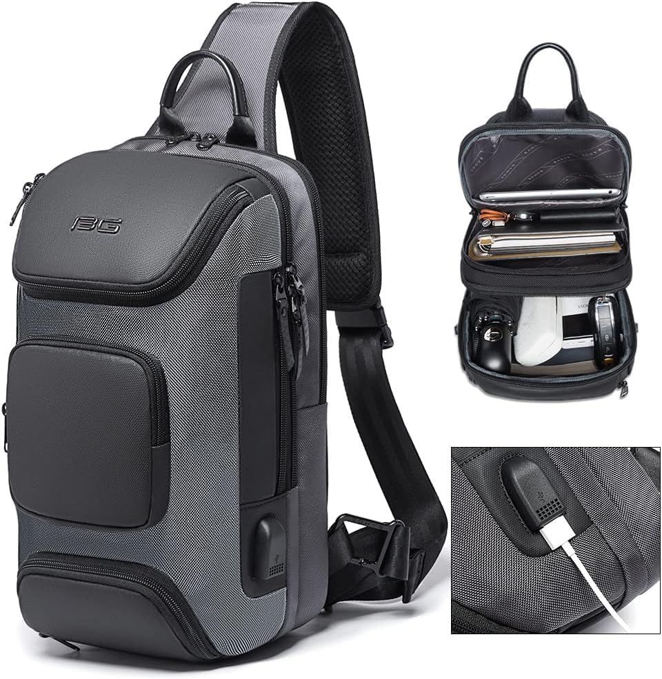 USB Charging Sling Bag, Waterproof Crossbody Backpack, Portable Shoulder Bag Daypack for Men Women Travel Hiking Work