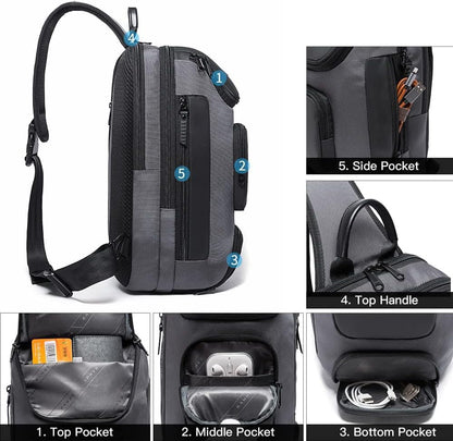 USB Charging Sling Bag, Waterproof Crossbody Backpack, Portable Shoulder Bag Daypack for Men Women Travel Hiking Work