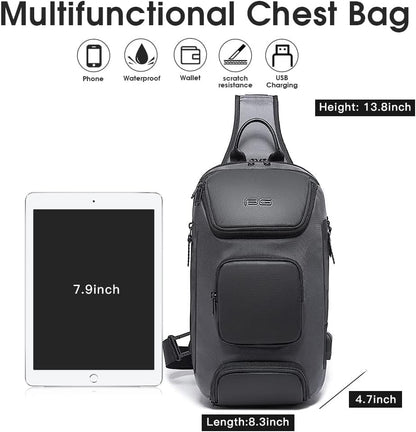 USB Charging Sling Bag, Waterproof Crossbody Backpack, Portable Shoulder Bag Daypack for Men Women Travel Hiking Work