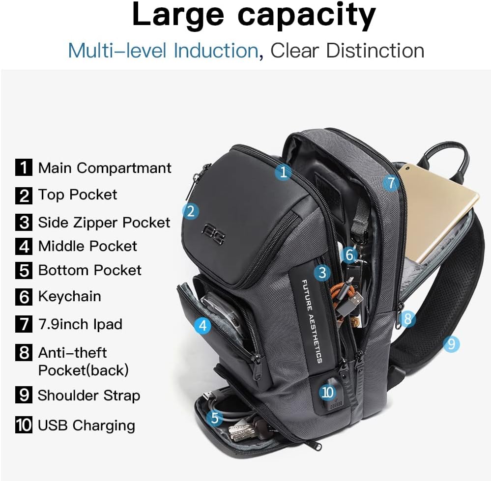 USB Charging Sling Bag, Waterproof Crossbody Backpack, Portable Shoulder Bag Daypack for Men Women Travel Hiking Work