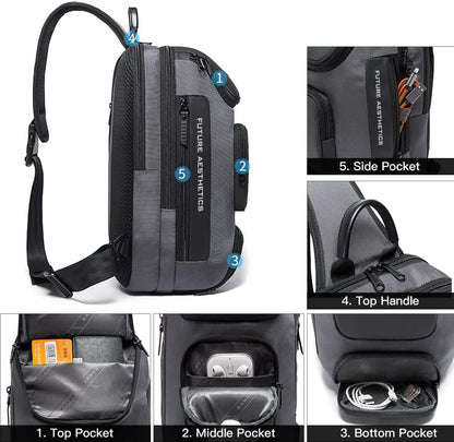 USB Charging Sling Bag, Waterproof Crossbody Backpack, Portable Shoulder Bag Daypack for Men Women Travel Hiking Work