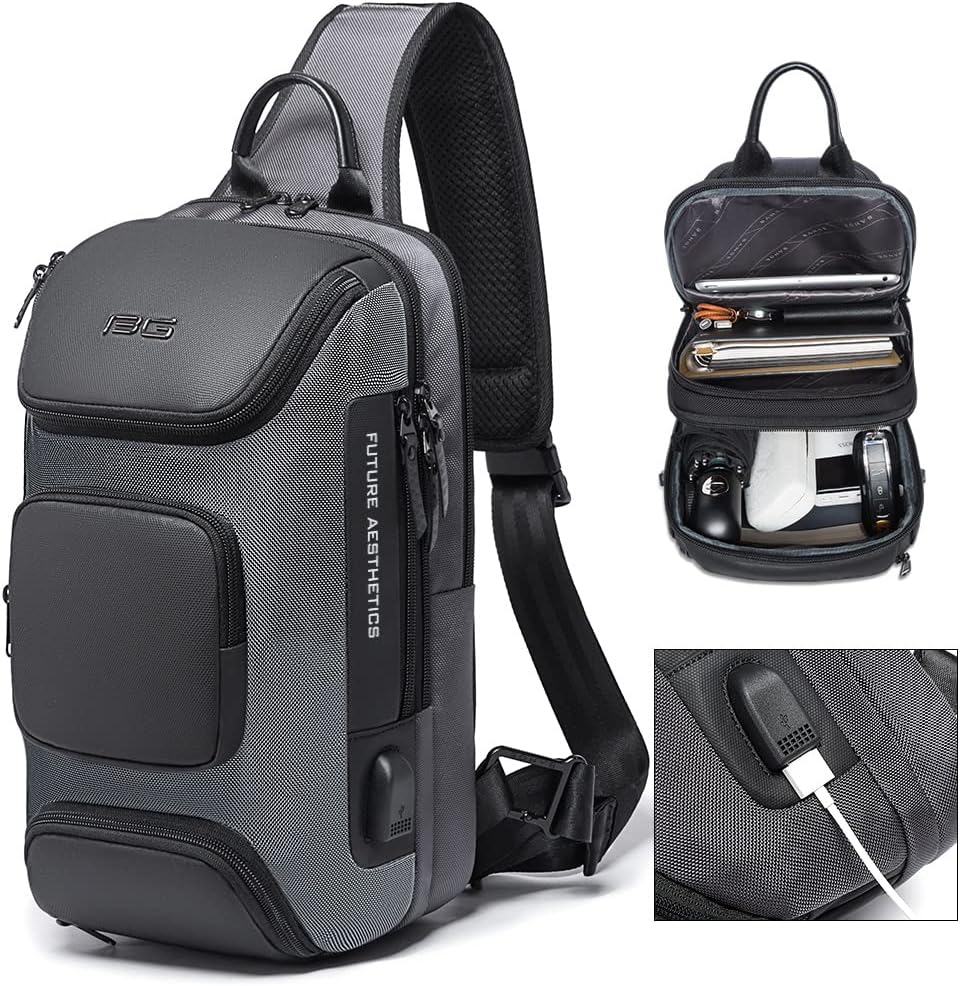 USB Charging Sling Bag, Waterproof Crossbody Backpack, Portable Shoulder Bag Daypack for Men Women Travel Hiking Work