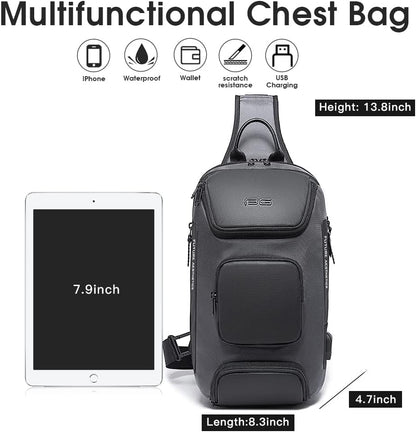 USB Charging Sling Bag, Waterproof Crossbody Backpack, Portable Shoulder Bag Daypack for Men Women Travel Hiking Work