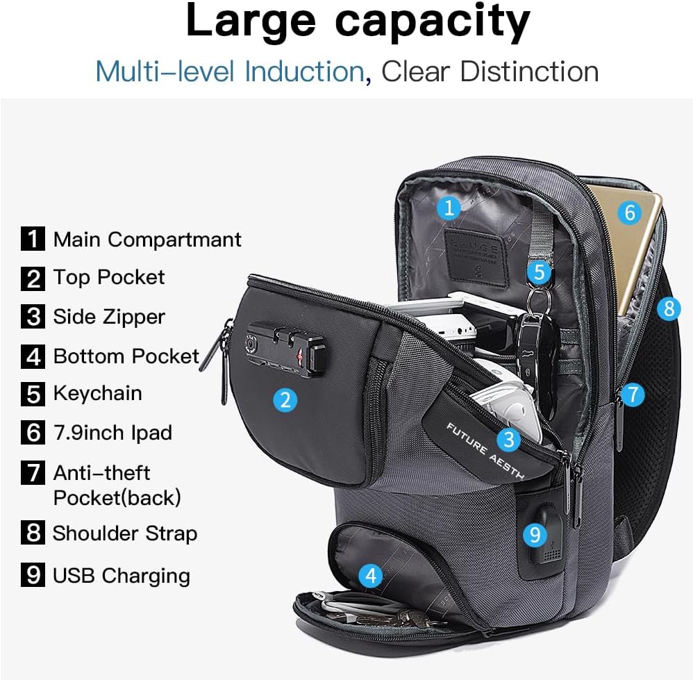 USB Charging Sling Bag, Waterproof Crossbody Backpack, Portable Shoulder Bag Daypack for Men Women Travel Hiking Work