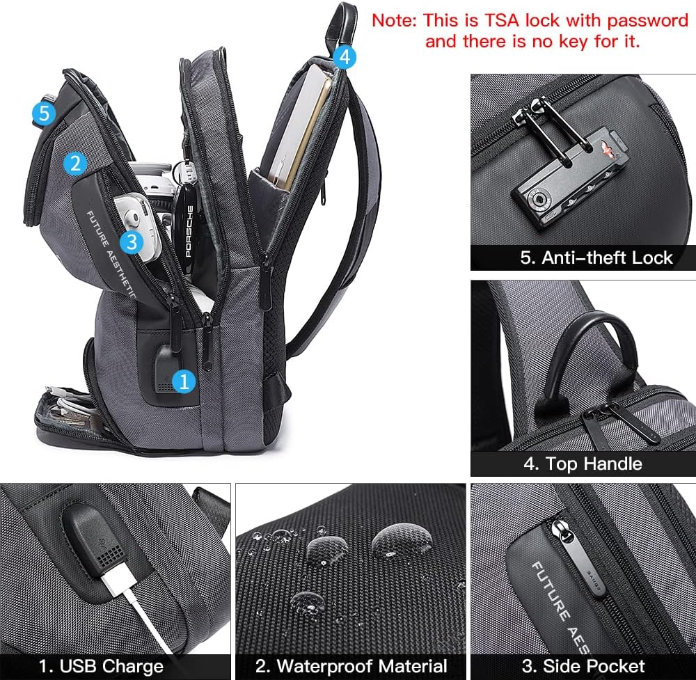 USB Charging Sling Bag, Waterproof Crossbody Backpack, Portable Shoulder Bag Daypack for Men Women Travel Hiking Work