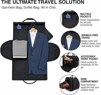 Rolling Garment Bag with Wheels, Carry On Garment Duffle Bag for Travel, Convertible Wheeled Suit Bag for Men, Wrinkle-Free Business Travel Luggage with Shoe Pocket & Retractable Handle