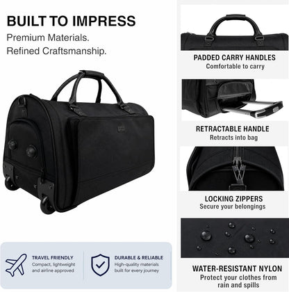Rolling Garment Bag with Wheels, Carry On Garment Duffle Bag for Travel, Convertible Wheeled Suit Bag for Men, Wrinkle-Free Business Travel Luggage with Shoe Pocket & Retractable Handle