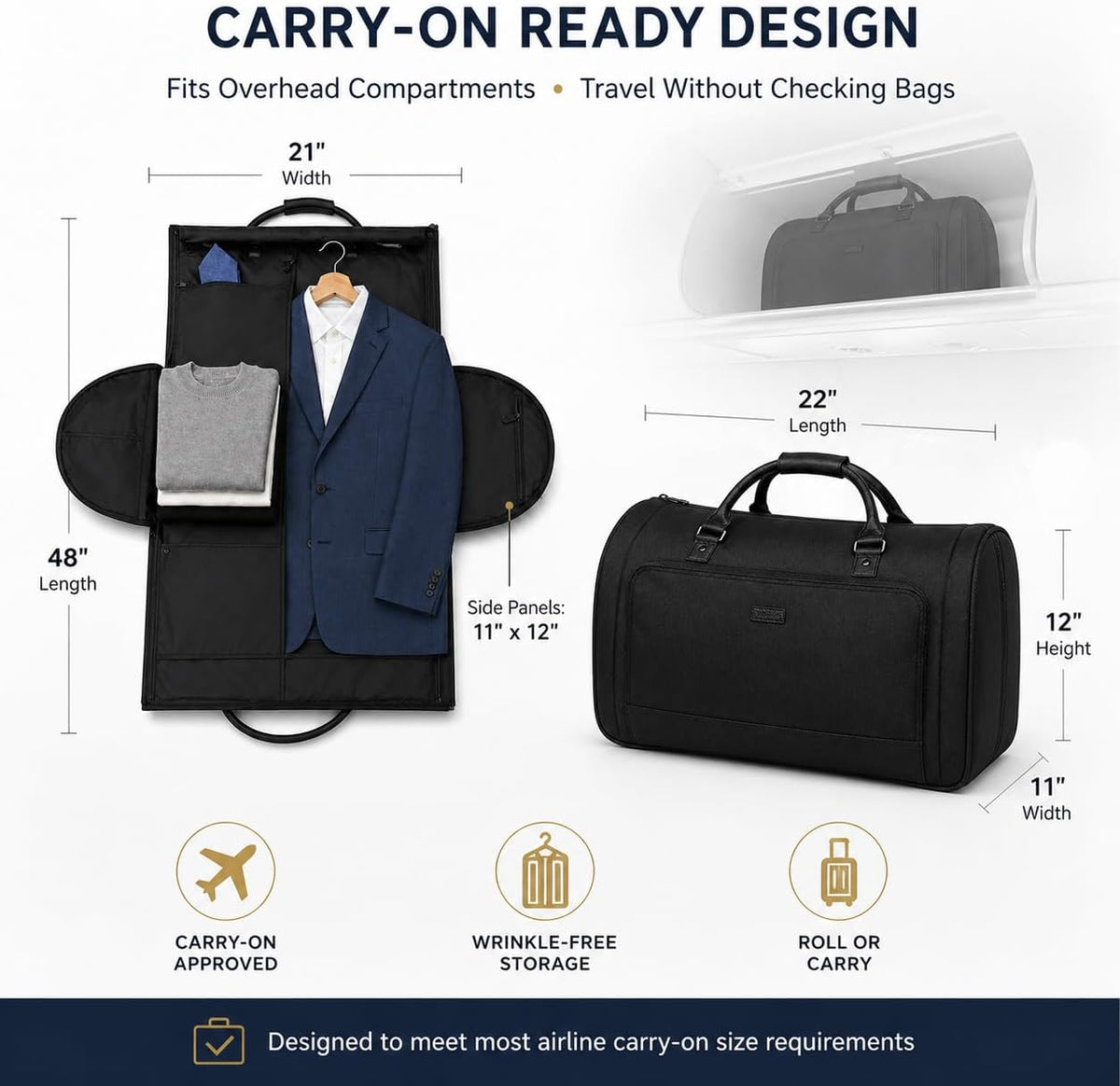Rolling Garment Bag with Wheels, Carry On Garment Duffle Bag for Travel, Convertible Wheeled Suit Bag for Men, Wrinkle-Free Business Travel Luggage with Shoe Pocket & Retractable Handle