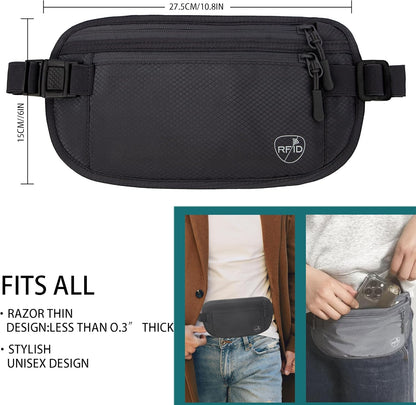 Money Belt, Hidden Travel Wallet for Passport, RFID Blocking Passport Pouch, Passport Holder for Travel, Undercover Fanny Pack(Black)