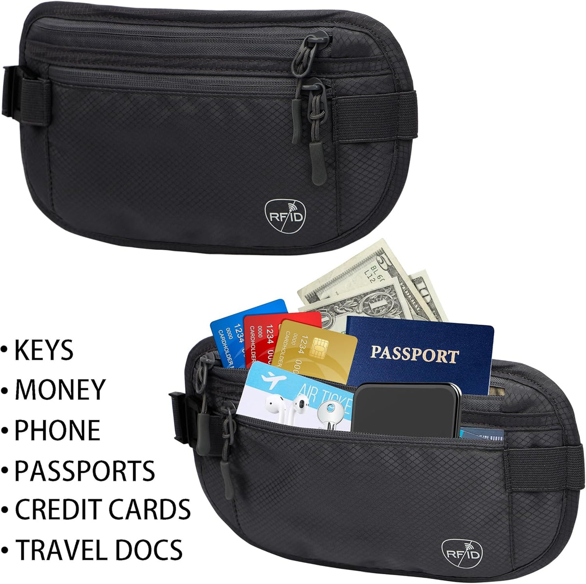 Money Belt, Hidden Travel Wallet for Passport, RFID Blocking Passport Pouch, Passport Holder for Travel, Undercover Fanny Pack(Black)