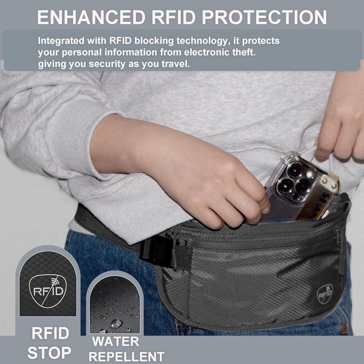 Money Belt, Hidden Travel Wallet for Passport, RFID Blocking Passport Pouch, Passport Holder for Travel, Undercover Fanny Pack(Black)