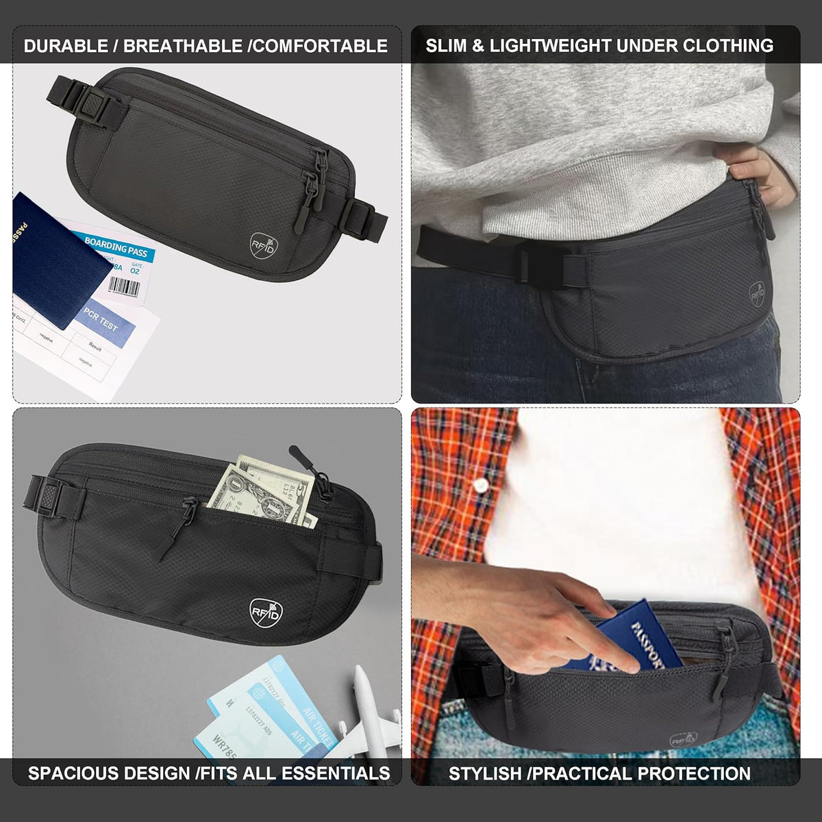 Money Belt, Hidden Travel Wallet for Passport, RFID Blocking Passport Pouch, Passport Holder for Travel, Undercover Fanny Pack(Black)