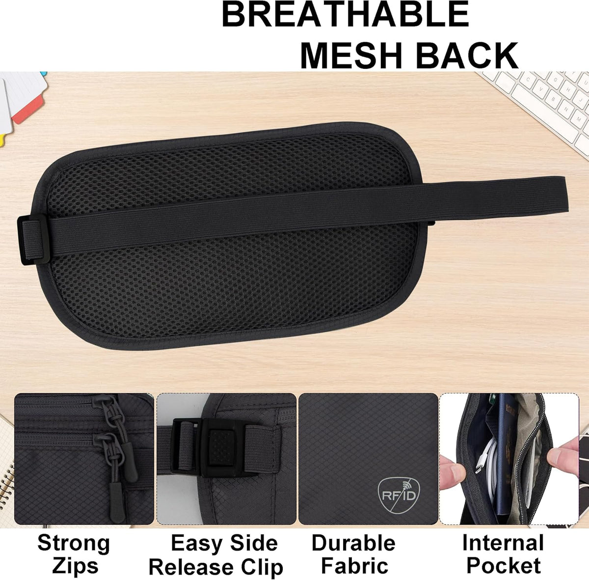 Money Belt, Hidden Travel Wallet for Passport, RFID Blocking Passport Pouch, Passport Holder for Travel, Undercover Fanny Pack(Black)