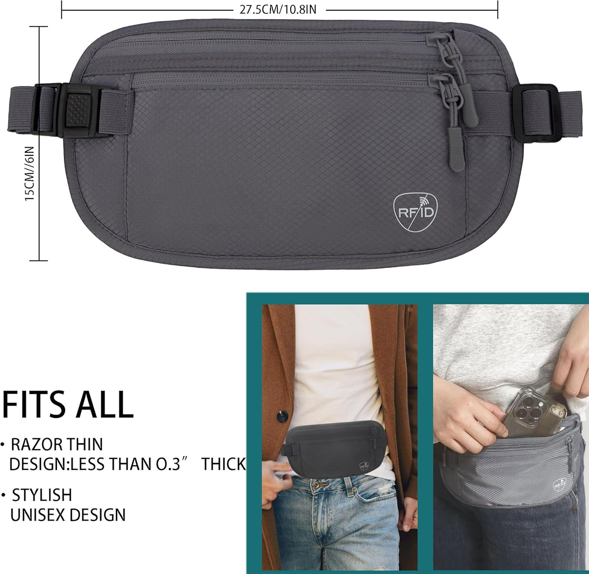 Money Belt, Hidden Travel Wallet for Passport, RFID Blocking Passport Pouch, Passport Holder for Travel, Undercover Fanny Pack(Black)