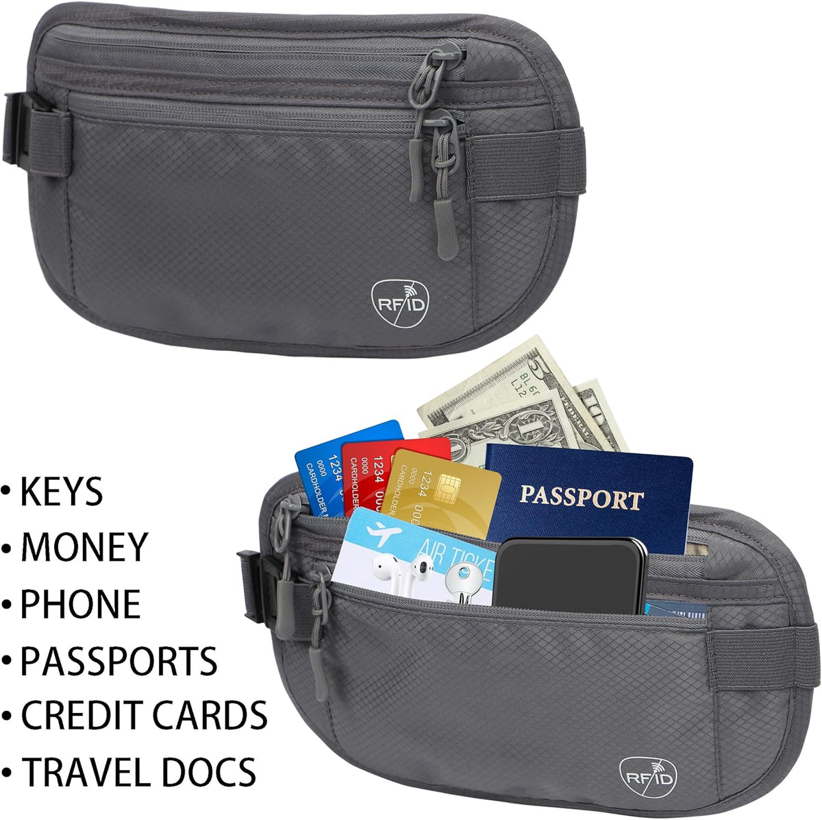 Money Belt, Hidden Travel Wallet for Passport, RFID Blocking Passport Pouch, Passport Holder for Travel, Undercover Fanny Pack(Black)