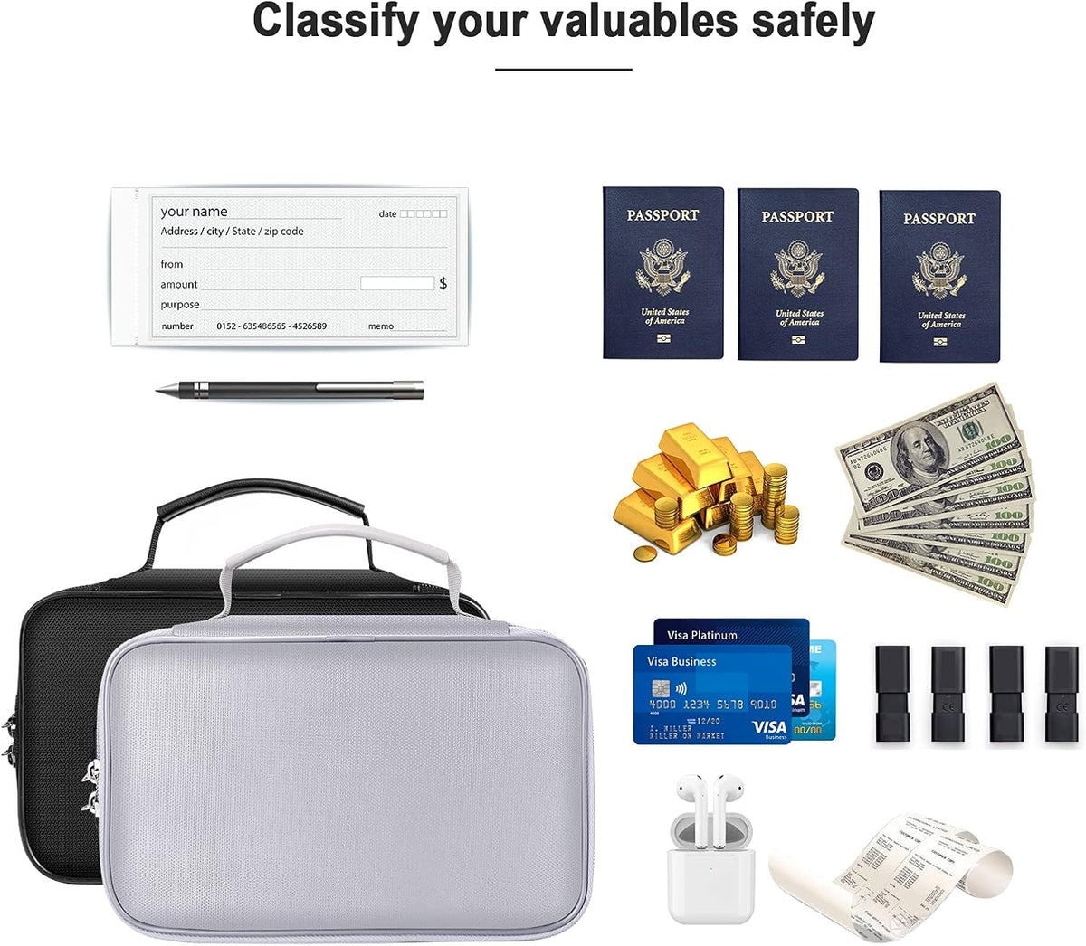 Small Fireproof Storage Organizer Case with Lock(9”x 5.3”x 3.7”), Soft Money Safe Coin Organizer Wallet Bag for Cash,Card,Passport,Check,Bill,Travel Home Organizer Carrying Case,Silver