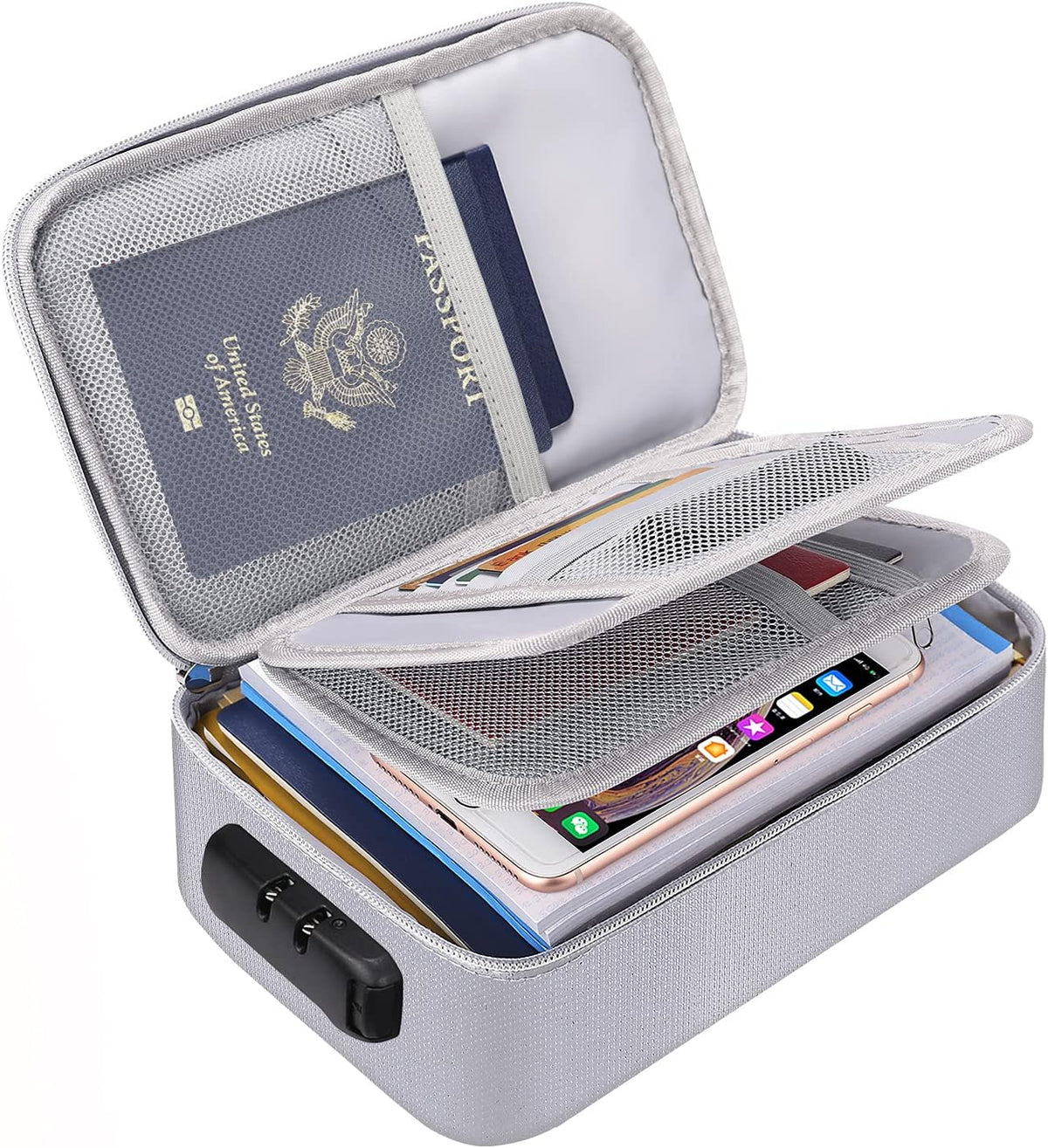 Small Fireproof Storage Organizer Case with Lock(9”x 5.3”x 3.7”), Soft Money Safe Coin Organizer Wallet Bag for Cash,Card,Passport,Check,Bill,Travel Home Organizer Carrying Case,Silver