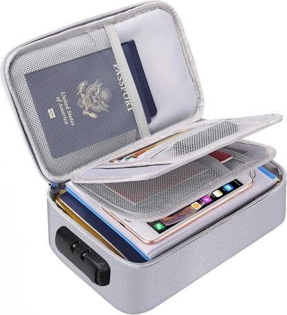 Small Fireproof Storage Organizer Case with Lock(9”x 5.3”x 3.7”), Soft Money Safe Coin Organizer Wallet Bag for Cash,Card,Passport,Check,Bill,Travel Home Organizer Carrying Case,Silver