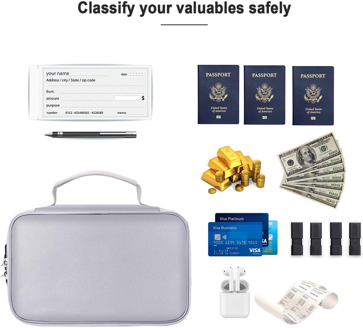 Small Fireproof Storage Organizer Case with Lock(9”x 5.3”x 3.7”), Soft Money Safe Coin Organizer Wallet Bag for Cash,Card,Passport,Check,Bill,Travel Home Organizer Carrying Case,Silver