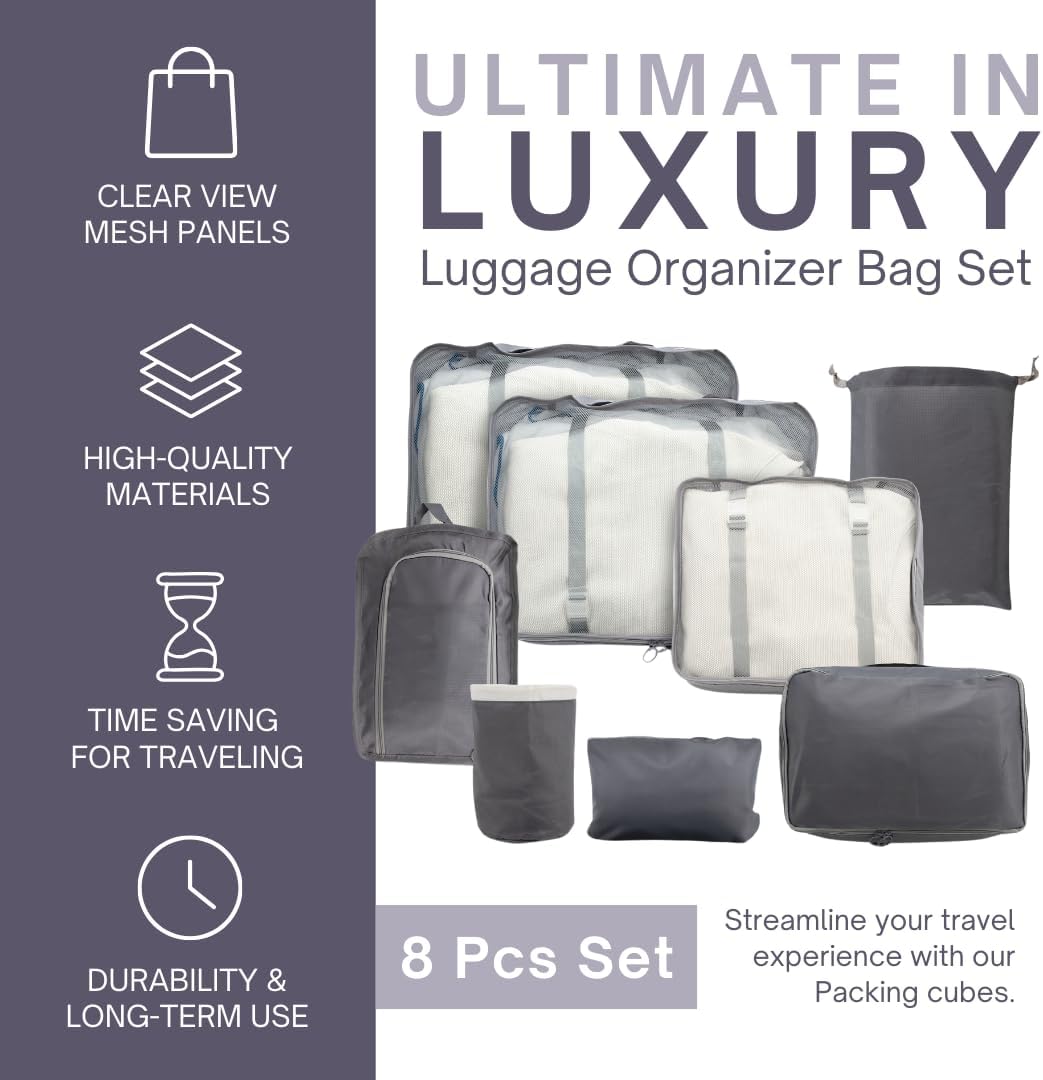 Luggage Organizer Bag Set with 8 Set Packing Cubes for Travel (8 Pieces) Compression Bags for Travel - Space Saver Packing Cubes Compression - Travel Essentials & Cruise Ship Essentials