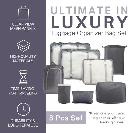 Luggage Organizer Bag Set with 8 Set Packing Cubes for Travel (8 Pieces) Compression Bags for Travel - Space Saver Packing Cubes Compression - Travel Essentials & Cruise Ship Essentials