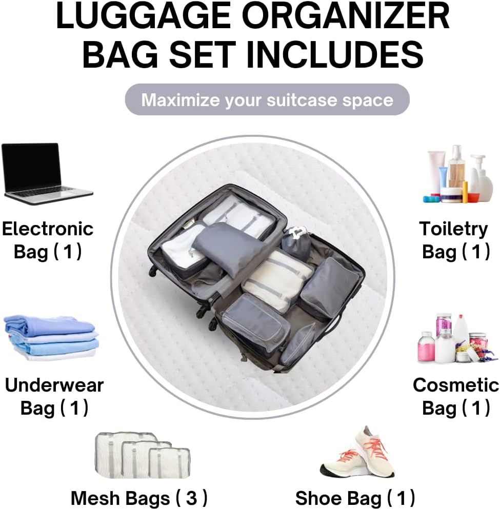 Luggage Organizer Bag Set with 8 Set Packing Cubes for Travel (8 Pieces) Compression Bags for Travel - Space Saver Packing Cubes Compression - Travel Essentials & Cruise Ship Essentials