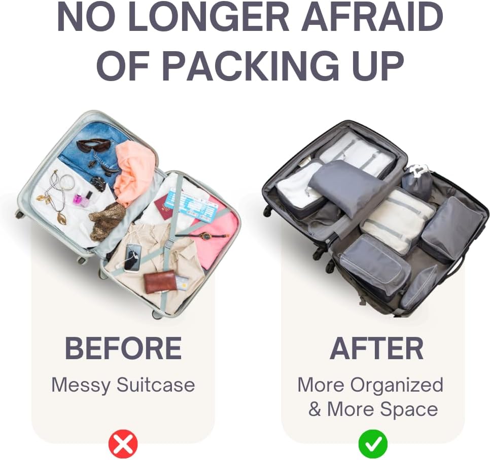 Luggage Organizer Bag Set with 8 Set Packing Cubes for Travel (8 Pieces) Compression Bags for Travel - Space Saver Packing Cubes Compression - Travel Essentials & Cruise Ship Essentials