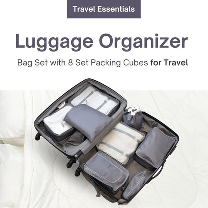 Luggage Organizer Bag Set with 8 Set Packing Cubes for Travel (8 Pieces) Compression Bags for Travel - Space Saver Packing Cubes Compression - Travel Essentials & Cruise Ship Essentials