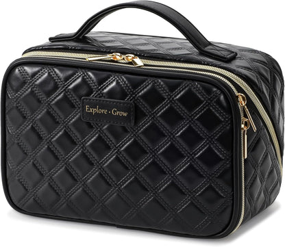 Quilted Travel Makeup Bag for Women - PU Leather Open Flat Cosmetic Bags for Women with Dividers, Independent Brush Holder, Waterproof Make Up Organizer for Travel Bathroom, Cream (L)