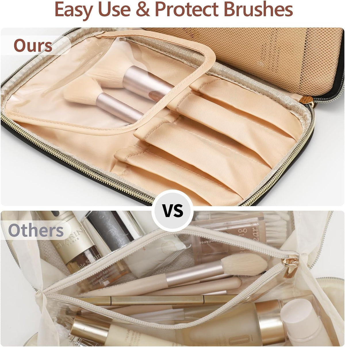 Quilted Travel Makeup Bag for Women - PU Leather Open Flat Cosmetic Bags for Women with Dividers, Independent Brush Holder, Waterproof Make Up Organizer for Travel Bathroom, Cream (L)