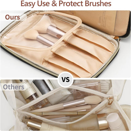 Quilted Travel Makeup Bag for Women - PU Leather Open Flat Cosmetic Bags for Women with Dividers, Independent Brush Holder, Waterproof Make Up Organizer for Travel Bathroom, Cream (L)