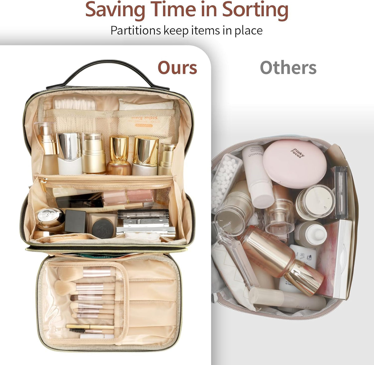 Quilted Travel Makeup Bag for Women - PU Leather Open Flat Cosmetic Bags for Women with Dividers, Independent Brush Holder, Waterproof Make Up Organizer for Travel Bathroom, Cream (L)