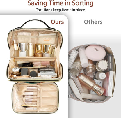 Quilted Travel Makeup Bag for Women - PU Leather Open Flat Cosmetic Bags for Women with Dividers, Independent Brush Holder, Waterproof Make Up Organizer for Travel Bathroom, Cream (L)