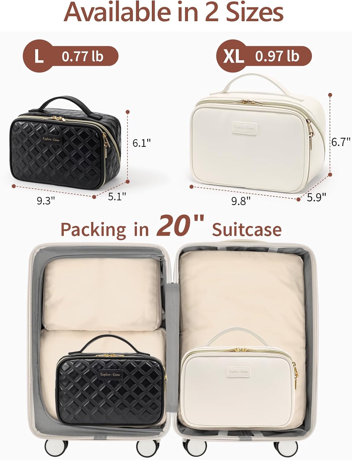 Quilted Travel Makeup Bag for Women - PU Leather Open Flat Cosmetic Bags for Women with Dividers, Independent Brush Holder, Waterproof Make Up Organizer for Travel Bathroom, Cream (L)