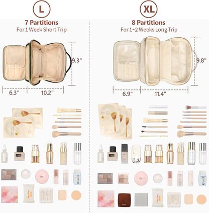 Quilted Travel Makeup Bag for Women - PU Leather Open Flat Cosmetic Bags for Women with Dividers, Independent Brush Holder, Waterproof Make Up Organizer for Travel Bathroom, Cream (L)