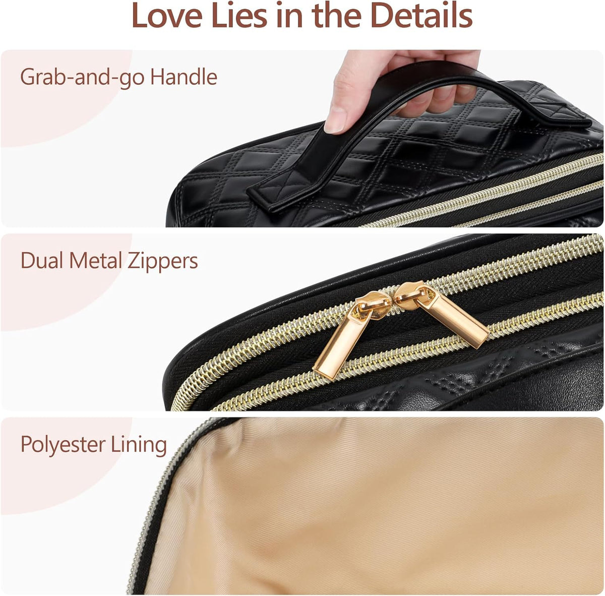 Quilted Travel Makeup Bag for Women - PU Leather Open Flat Cosmetic Bags for Women with Dividers, Independent Brush Holder, Waterproof Make Up Organizer for Travel Bathroom, Cream (L)