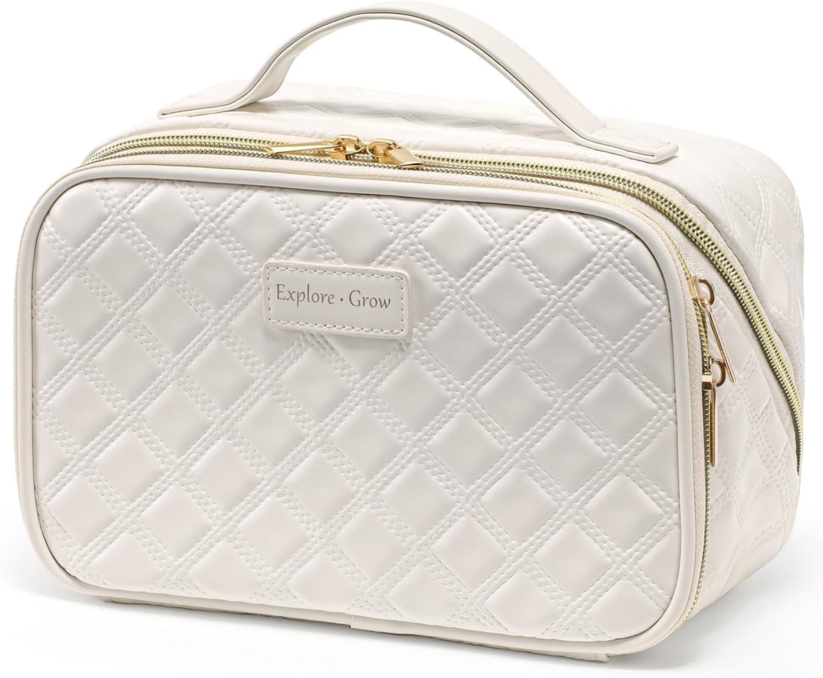 Quilted Travel Makeup Bag for Women - PU Leather Open Flat Cosmetic Bags for Women with Dividers, Independent Brush Holder, Waterproof Make Up Organizer for Travel Bathroom, Cream (L)